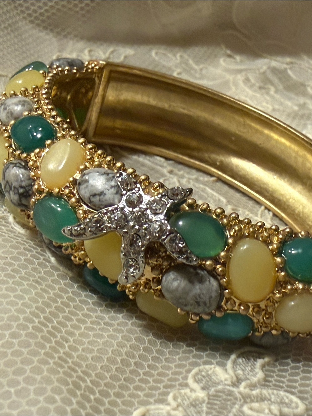 CAbi Gold-tone Bracelet Collectible with Green, Cream, and Gray Cabochons #2129 - Picture 3 of 11